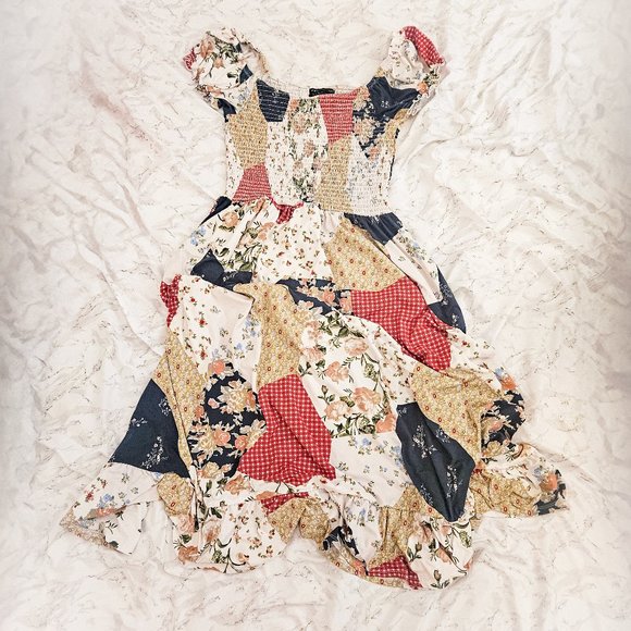 Urban Outfitters Patchwork Floral Midi Dress - Red, Blue, Cream - Picture 4 of 6